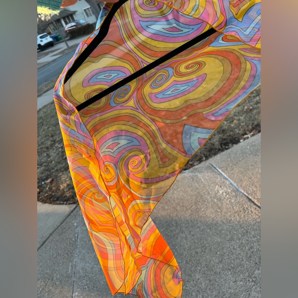 Sheer Paisley 1970s Mod Scarf /Ponytail Tie/Wrap Orange/Pink/Blue/Yellow 15βx44β - Picture 13 of 16